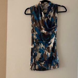 Ann Taylor blue and brown floral front wrap print blouse